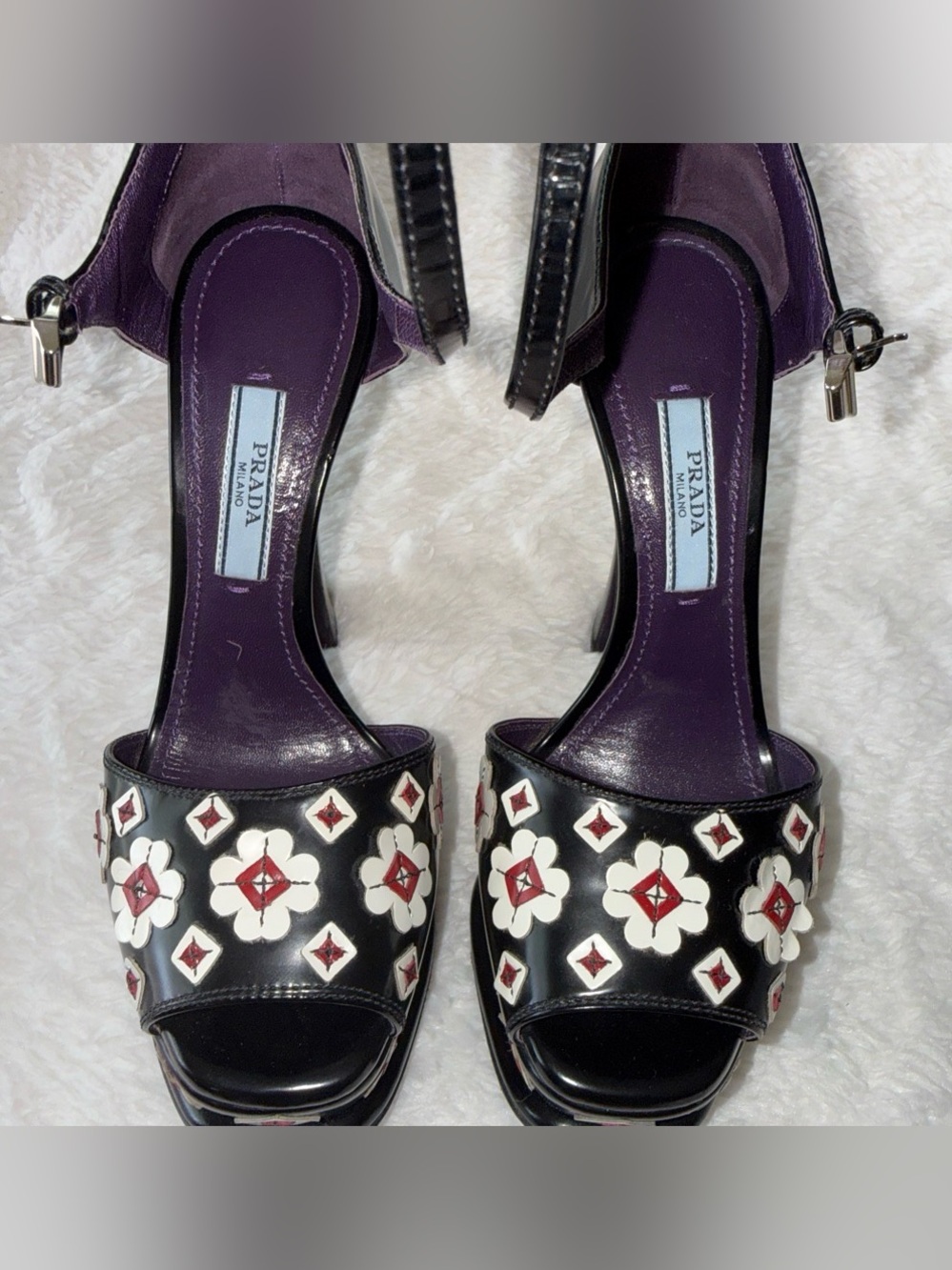 Prada Black Patent Platform Heels with White & Red Floral Appliqué - Picture 3 of 9